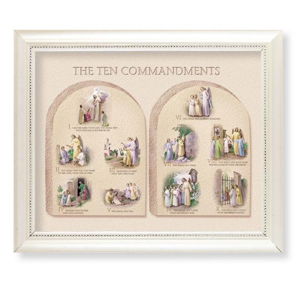 The Ten Commandments Picture, Pearlized White 9-1/2"x11-1/2 Frame, Beaded Lip, Under Glass # 28095