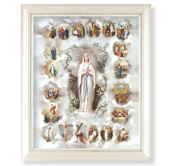 Mysteries of The Rosary Picture, Pearlized White 9-1/2"x11-1/2 Frame, Beaded Lip, Under Glass # 28096