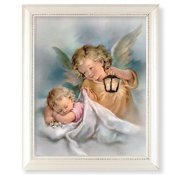Guardian Angel with Lantern Over Baby Picture, Pearlized White 9-1/2"x11-1/2 Frame, Beaded Lip, Under Glass # 28100