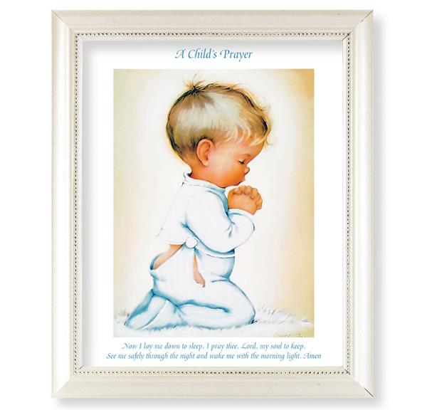 Praying Baby Boy Picture, Pearlized White 9-1/2"x11-1/2 Frame, Beaded Lip, Under Glass # 28107