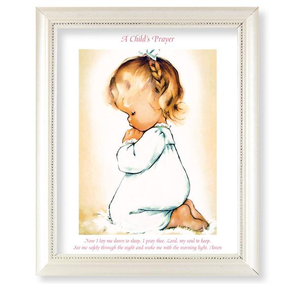 Praying Baby Girl Picture, Pearlized White 9-1/2"x11-1/2 Frame, Beaded Lip, Under Glass # 28108