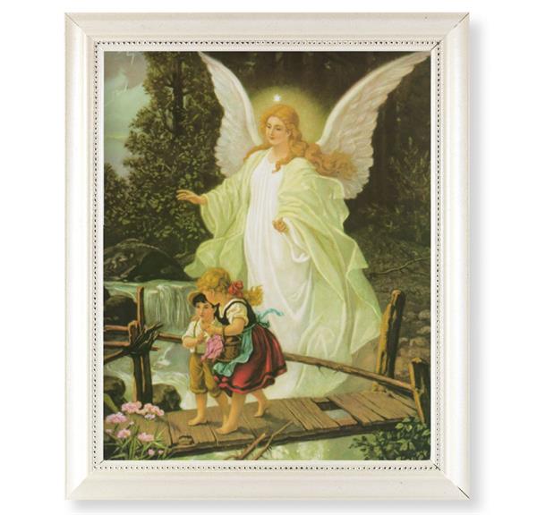 Guardian Angel with Children on Bridge Picture, Pearlized White 9-1/2"x11-1/2 Frame, Beaded Lip, Under Glass # 28109