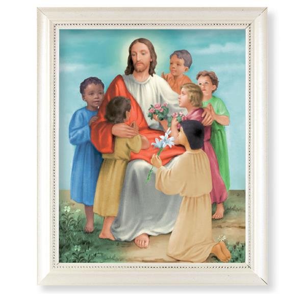 Jesus with Children Picture, Pearlized White 9-1/2"x11-1/2 Frame, Beaded Lip, Under Glass # 28110