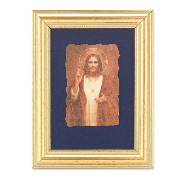Chambers: Sacred Heart of Jesus Picture, Antique Gold 5" x6-1/2 Frame, Image Centered On Blue Velvet Matting # 28111