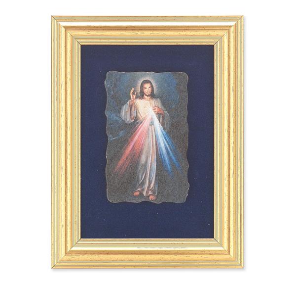 Divine Mercy Picture, Antique Gold 5" x6-1/2 Frame, Image Centered On Blue Velvet Matting # 28112
