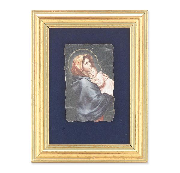 Madonna of The Street Picture, Antique Gold 5" x6-1/2 Frame, Image Centered On Blue Velvet Matting # 28113