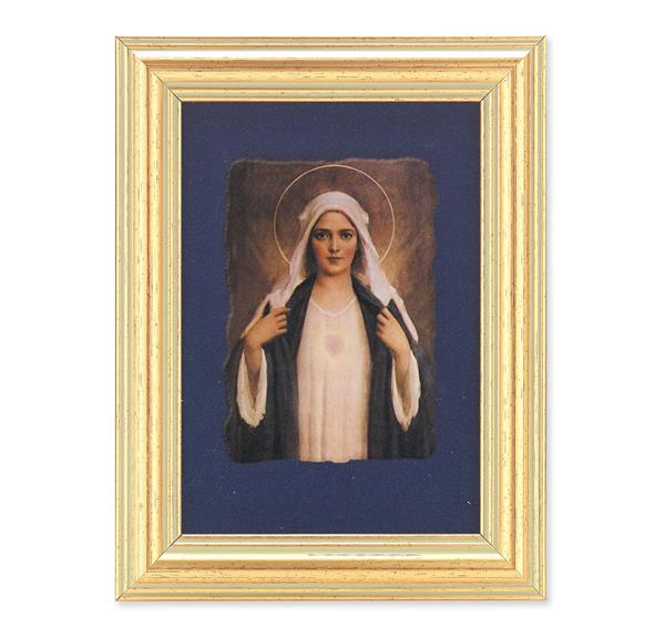 Immaculate Heart of Mary Picture, Antique Gold 5" x6-1/2 Frame, Image Centered On Blue Velvet Matting # 28114