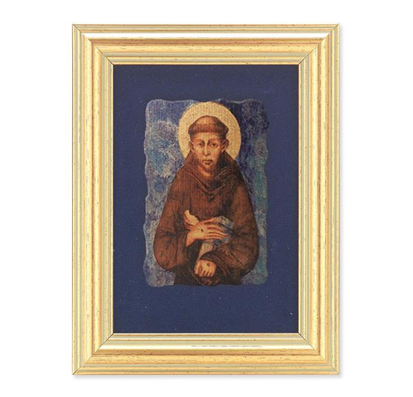 St. Francis Picture, Antique Gold 5" x6-1/2 Frame, Image Centered On Blue Velvet Matting # 28116