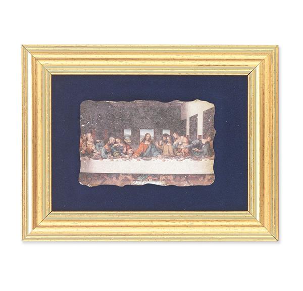 Da Vinci: Last Supper Picture, Antique Gold 5" x6-1/2 Frame, Image Centered On Blue Velvet Matting # 28118