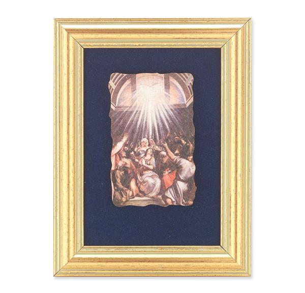 Pentecost Picture, Antique Gold 5" x6-1/2 Frame, Image Centered On Blue Velvet Matting # 28121