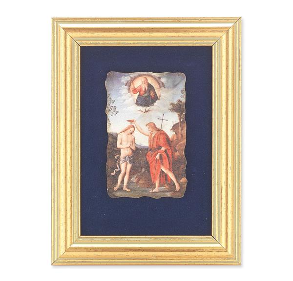 Baptism of Jesus Picture, Antique Gold 5" x6-1/2 Frame, Image Centered On Blue Velvet Matting # 28122