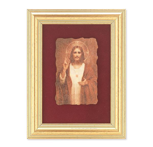 Chambers: Sacred Heart of Jesus Picture, Antique Gold 5" x6-1/2 Frame, Image Centered On Burgundy Velvet Matting # 28123