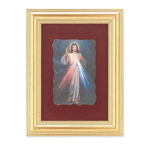 Divine Mercy Picture, Antique Gold 5" x6-1/2 Frame, Image Centered On Burgundy Velvet Matting # 28124