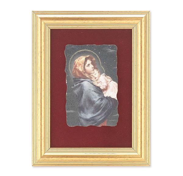 Madonna of The Street Picture, Antique Gold 5" x6-1/2 Frame, Image Centered On Burgundy Velvet Matting # 28125