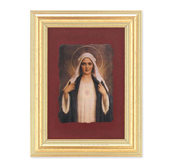 Immaculate Heart of Mary Picture, Antique Gold 5" x6-1/2 Frame, Image Centered On Burgundy Velvet Matting # 28126