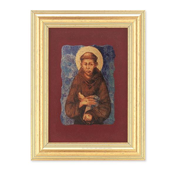 St. Francis Picture, Antique Gold 5" x6-1/2 Frame, Image Centered On Burgundy Velvet Matting # 28128