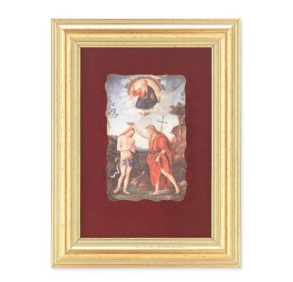 Baptism of Jesus Picture, Antique Gold 5" x6-1/2 Frame, Image Centered On Burgundy Velvet Matting # 28134