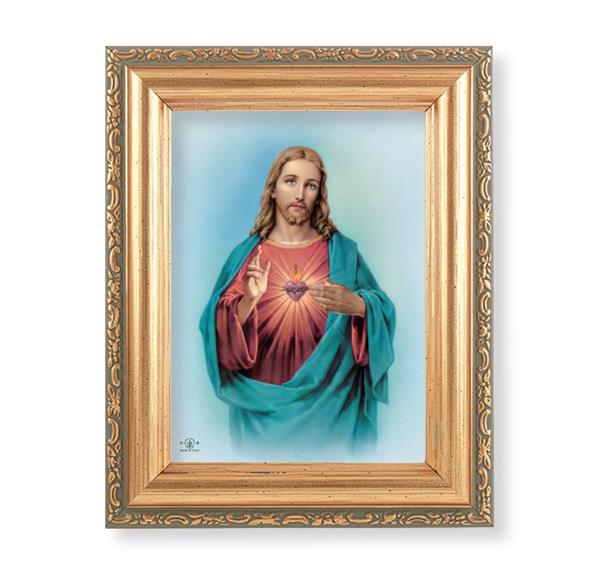 Sacred Heart Picture, Antique Gold 5-1/2"x7 Frame with Acanthus-Leaf Edging Under Glass # 28135