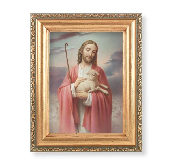 The Good Shepherd Picture, Antique Gold 5-1/2"x7 Frame with Acanthus-Leaf Edging Under Glass # 28136