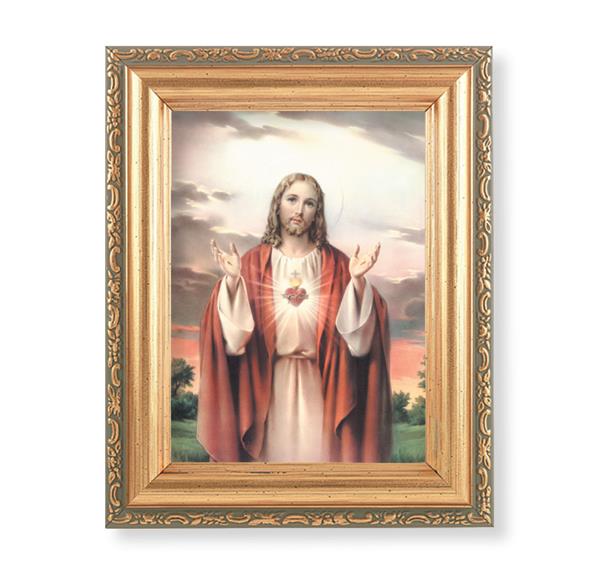 Sacred Heart Picture, Antique Gold 5-1/2"x7 Frame with Acanthus-Leaf Edging Under Glass # 28137