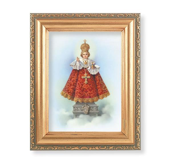 Infant of Prague Picture, Antique Gold 5-1/2"x7 Frame with Acanthus-Leaf Edging Under Glass # 28138