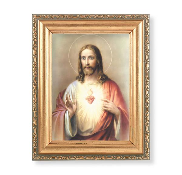 Sacred Heart Picture, Antique Gold 5-1/2"x7 Frame with Acanthus-Leaf Edging Under Glass # 28141