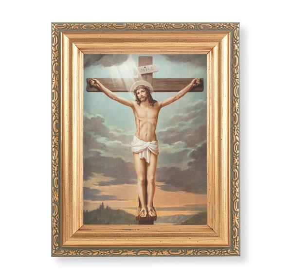 The Crucifixion Picture, Antique Gold 5-1/2"x7 Frame with Acanthus-Leaf Edging Under Glass # 28144