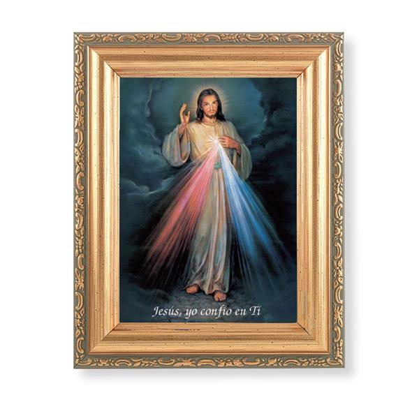 Spanish Divine Mercy Picture, Antique Gold 5-1/2"x7 Frame with Acanthus-Leaf Edging Under Glass # 28146