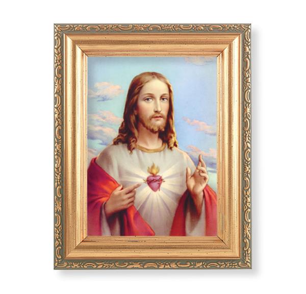 Sacred Heart Picture, Antique Gold 5-1/2"x7 Frame with Acanthus-Leaf Edging Under Glass # 28152