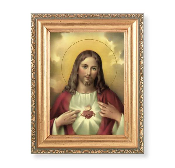 Sacred Heart Picture, Antique Gold 5-1/2"x7 Frame with Acanthus-Leaf Edging Under Glass # 28153