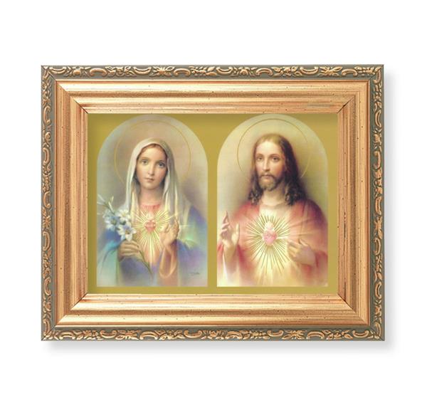 The Sacred Hearts Picture, Antique Gold 5-1/2"x7 Frame with Acanthus-Leaf Edging Under Glass # 28155