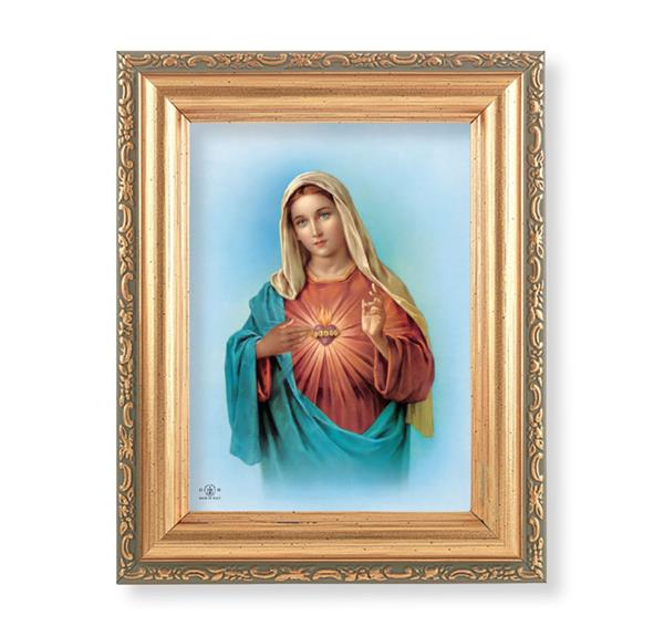 Immaculate Heart of Mary Picture, Antique Gold 5-1/2"x7 Frame with Acanthus-Leaf Edging Under Glass # 28159