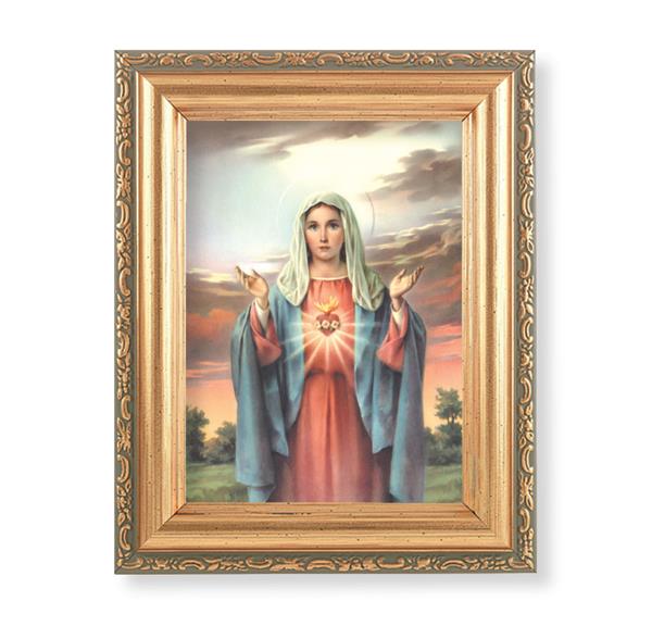 Immaculate Heart of Mary Picture, Antique Gold 5-1/2"x7 Frame with Acanthus-Leaf Edging Under Glass # 28161