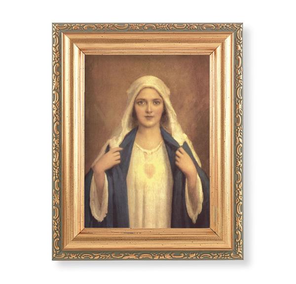 Chambers Immaculate Heart of Mary Picture, Antique Gold 5-1/2"x7 Frame with Acanthus-Leaf Edging Under Glass # 28163