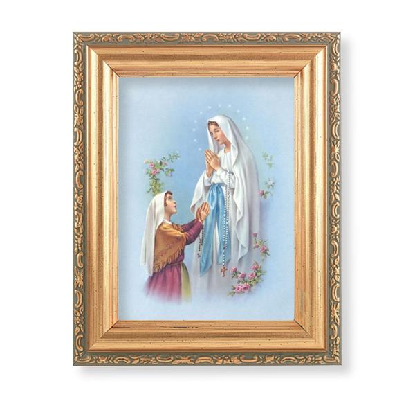 Our Lady of Lourdes Picture, Antique Gold 5-1/2"x7 Frame with Acanthus-Leaf Edging Under Glass # 28164