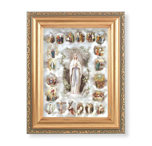 Mysteries of The Rosary Picture, Antique Gold 5-1/2"x7 Frame with Acanthus-Leaf Edging Under Glass # 28166