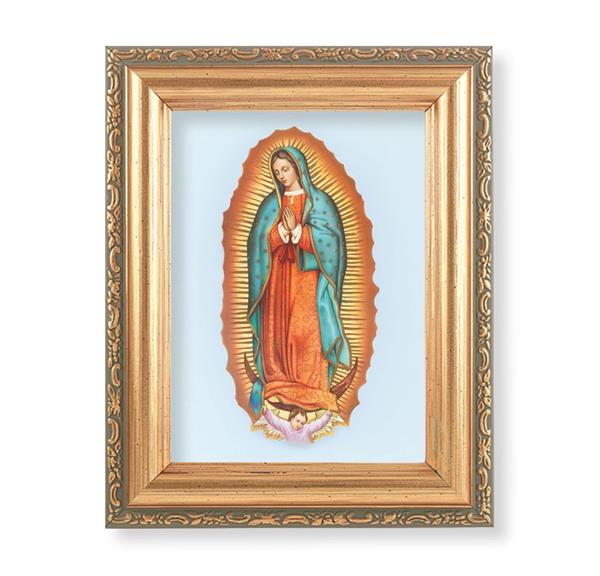 Our Lady of Guadalupe Picture, Antique Gold 5-1/2"x7 Frame with Acanthus-Leaf Edging Under Glass # 28168