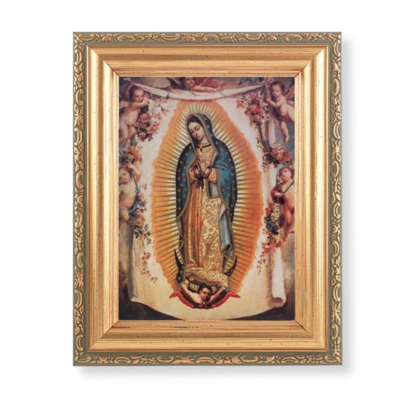 Our Lady of Guadalupe with Angels Picture, Antique Gold 5-1/2"x7 Frame with Acanthus-Leaf Edging Under Glass # 28170
