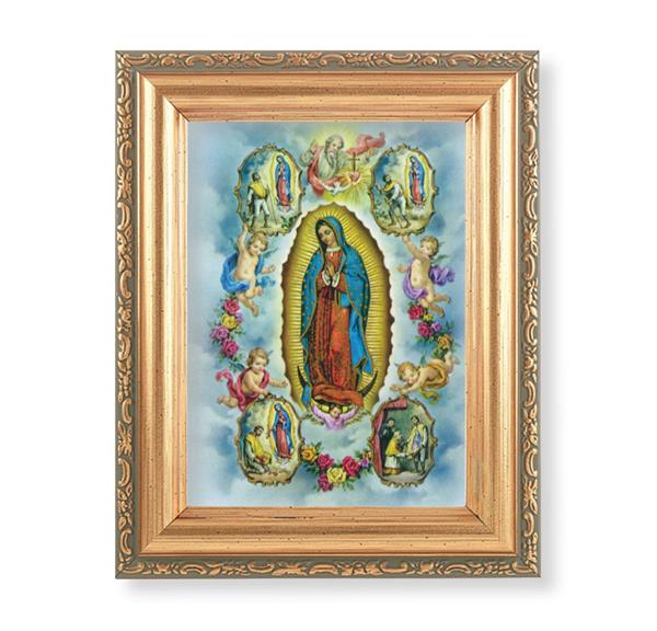 Our Lady of Guadalupe Collage Picture, Antique Gold 5-1/2"x7 Frame with Acanthus-Leaf Edging Under Glass # 28171
