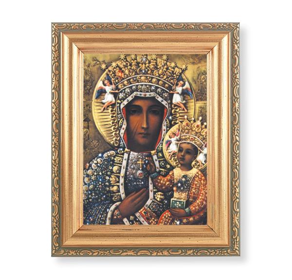 Our Lady of Czestochowa Picture, Antique Gold 5-1/2"x7 Frame with Acanthus-Leaf Edging Under Glass # 28172