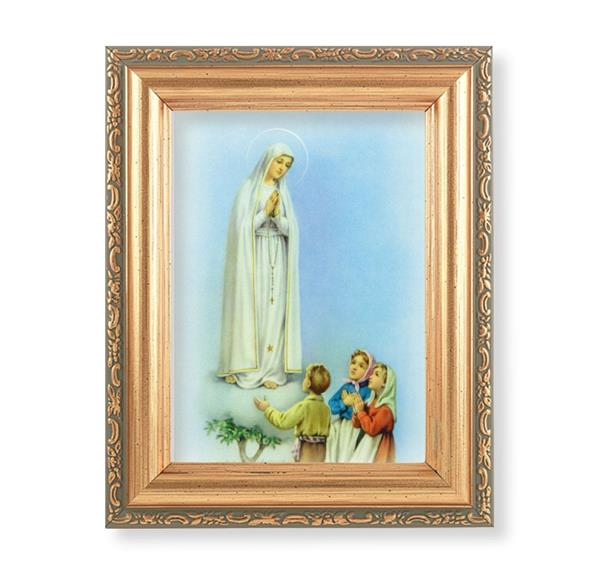 Our Lady of Fatima Picture, Antique Gold 5-1/2"x7 Frame with Acanthus-Leaf Edging Under Glass # 28173