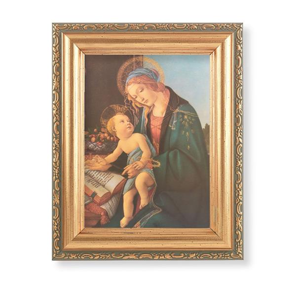 Botticelli: Madonna & Child Picture, Antique Gold 5-1/2"x7 Frame with Acanthus-Leaf Edging Under Glass # 28175