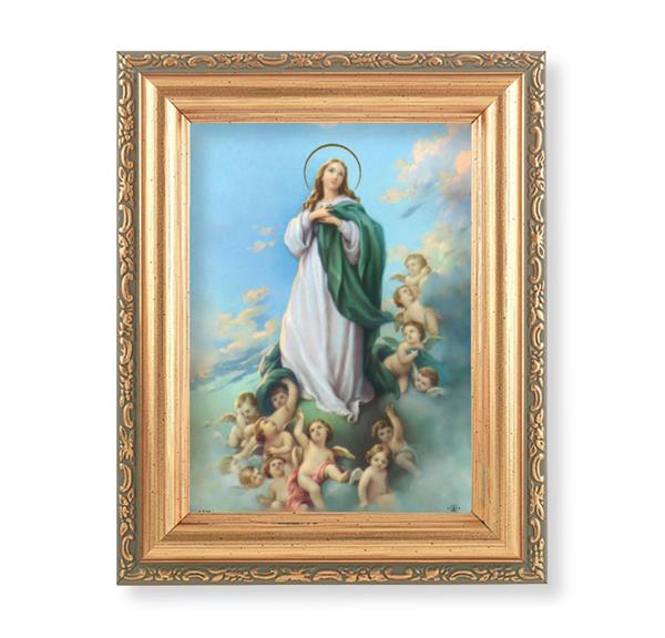 Immaculate Conception Picture, Antique Gold 5-1/2"x7 Frame with Acanthus-Leaf Edging Under Glass # 28176