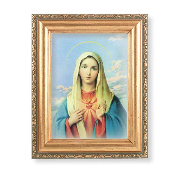 Immaculate Heart of Mary Picture, Antique Gold 5-1/2"x7 Frame with Acanthus-Leaf Edging Under Glass # 28177