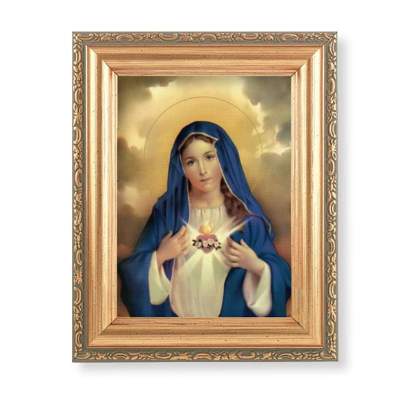 Immaculate Heart of Mary Picture, Antique Gold 5-1/2"x7 Frame with Acanthus-Leaf Edging Under Glass # 28178