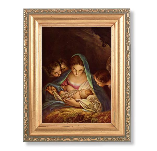 Nativity Picture, Antique Gold 5-1/2"x7 Frame with Acanthus-Leaf Edging Under Glass # 28179