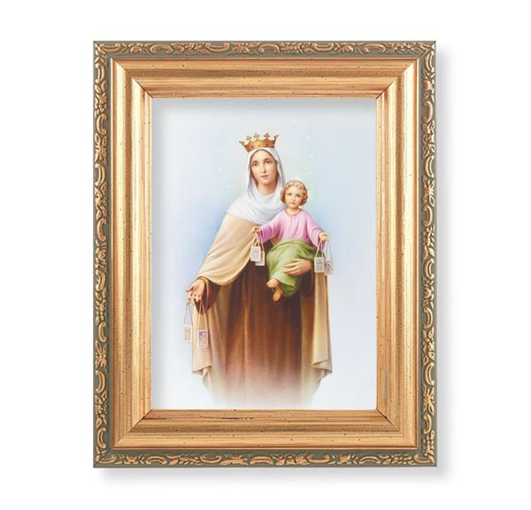 Our Lady of Mount Carmel Picture, Antique Gold 5-1/2"x7 Frame with Acanthus-Leaf Edging Under Glass # 28182