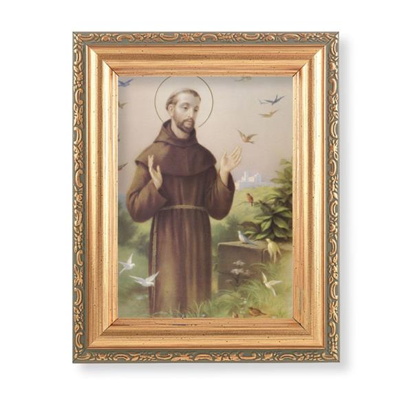 St. Francis of Assisi Picture, Antique Gold 5-1/2"x7 Frame with Acanthus-Leaf Edging Under Glass # 28184