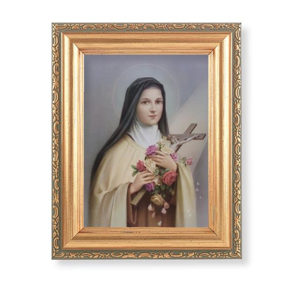 St. Therese of Lisieux Picture, Antique Gold 5-1/2"x7 Frame with Acanthus-Leaf Edging Under Glass # 28187