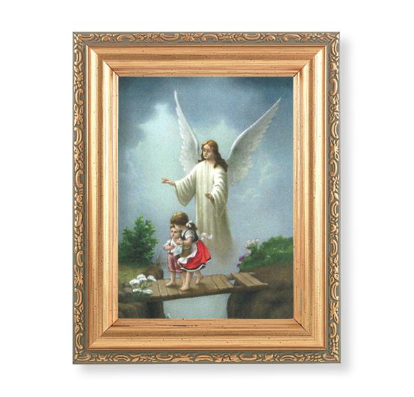 Guardian Angel with Children on Bridge Picture, Antique Gold 5-1/2"x7 Frame with Acanthus-Leaf Edging Under Glass # 28191